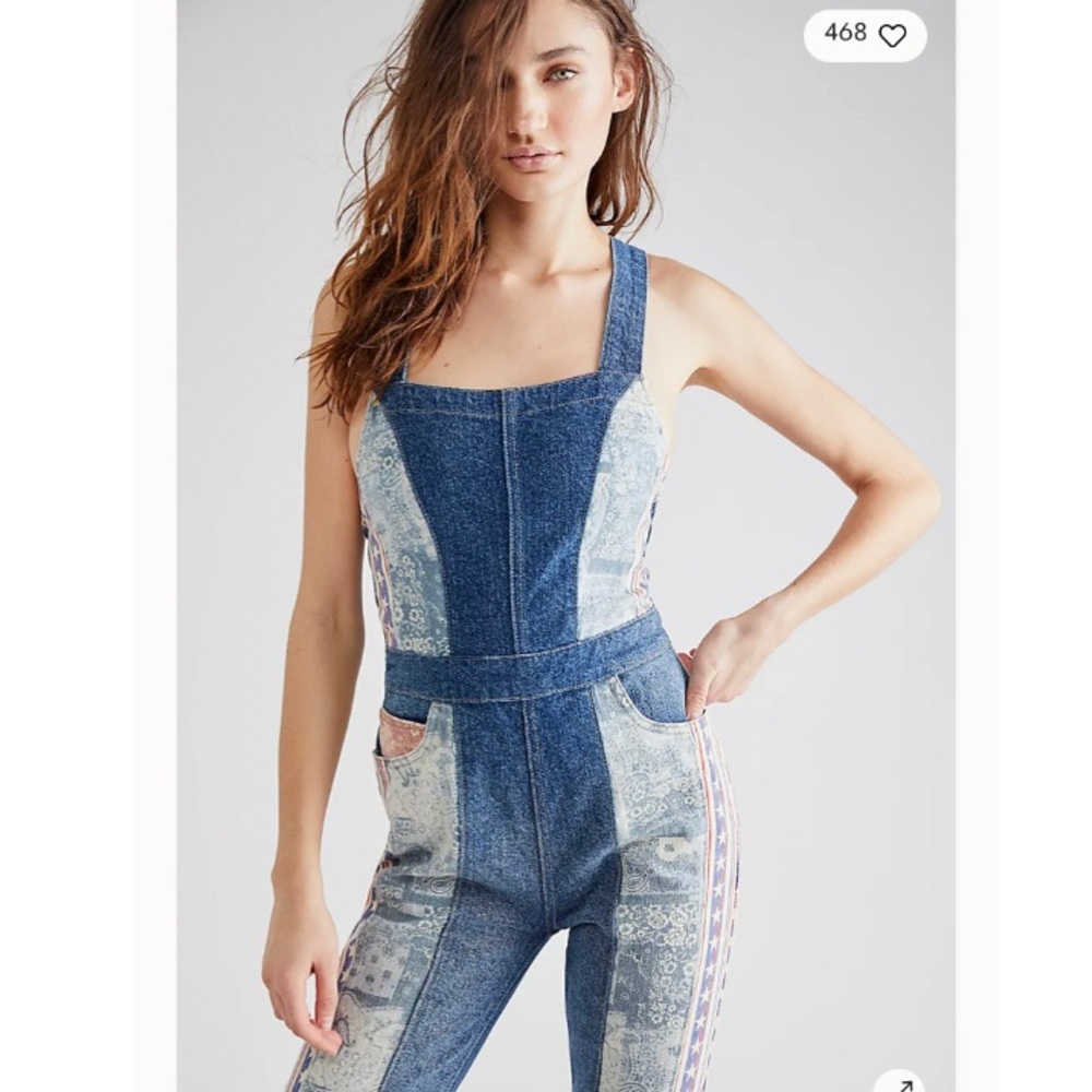 🌿|NWT| Free People Dallas Denim Flare Jumpsuit - Picture 6 of 15